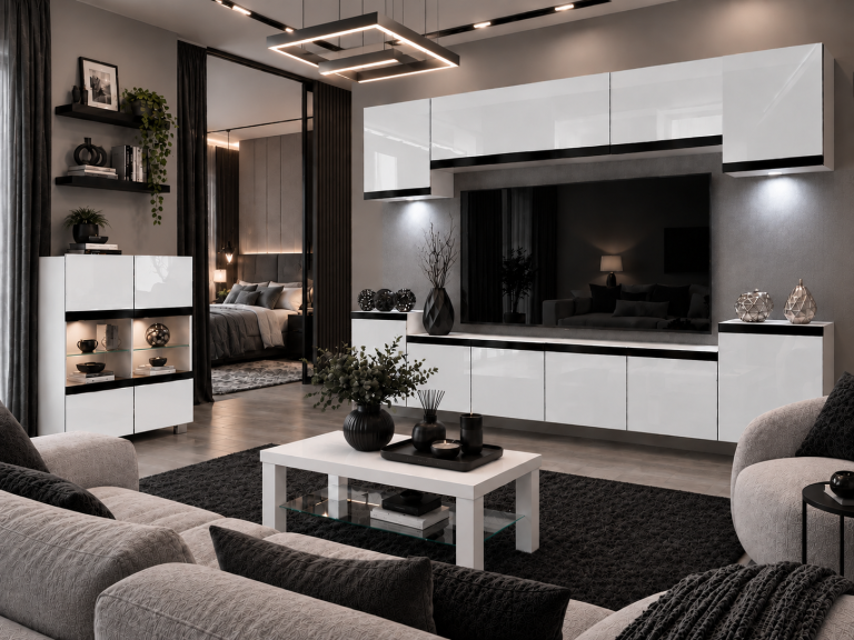 Parete attrezzata Prestige 300 cm TV/RTV bianca lucida Produttore IMP P Hepburn 4/5/W/W/0/0/CM