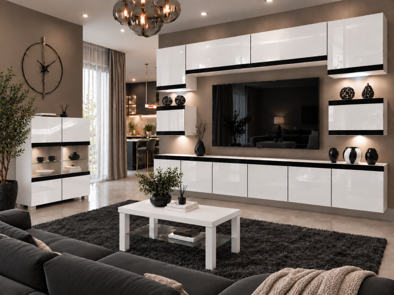 Parete attrezzata Prestige 300 cm TV/RTV bianca lucida Produttore IMP P Tarantino 3/5/W/W/0/0/CM