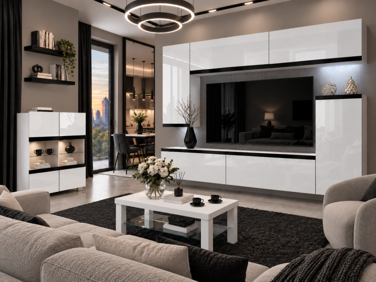 Parete attrezzata Prestige 250 cm TV/RTV bianca lucida Produttore IMP P Woody 8/5/W/W/0/0/CM