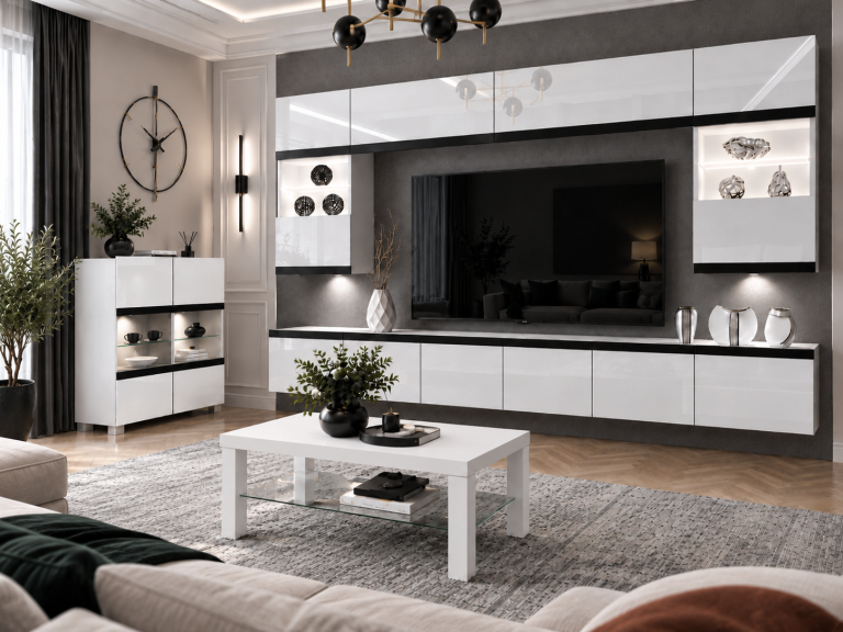 Parete attrezzata Prestige 300 cm TV/RTV bianca lucida Produttore IMP P2 Nolan 1/5/W/W/0/0/CM
