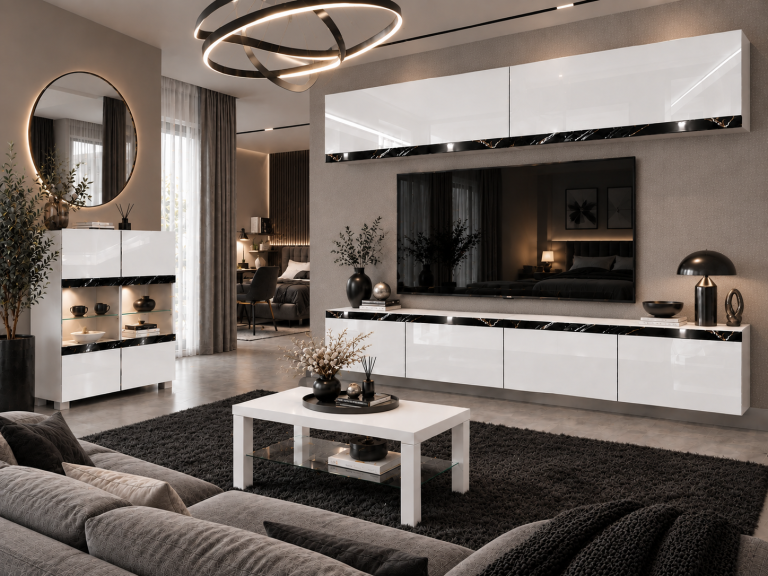 Parete attrezzata Prestige 200 cm TV/RTV bianca lucida Produttore IMP P Brando 6/5/W/W/0/0/CS