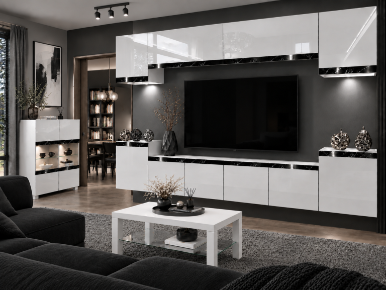 Parete attrezzata Prestige 300 cm TV/RTV bianca lucida Produttore IMP P Hepburn 4/5/W/W/0/0/CS