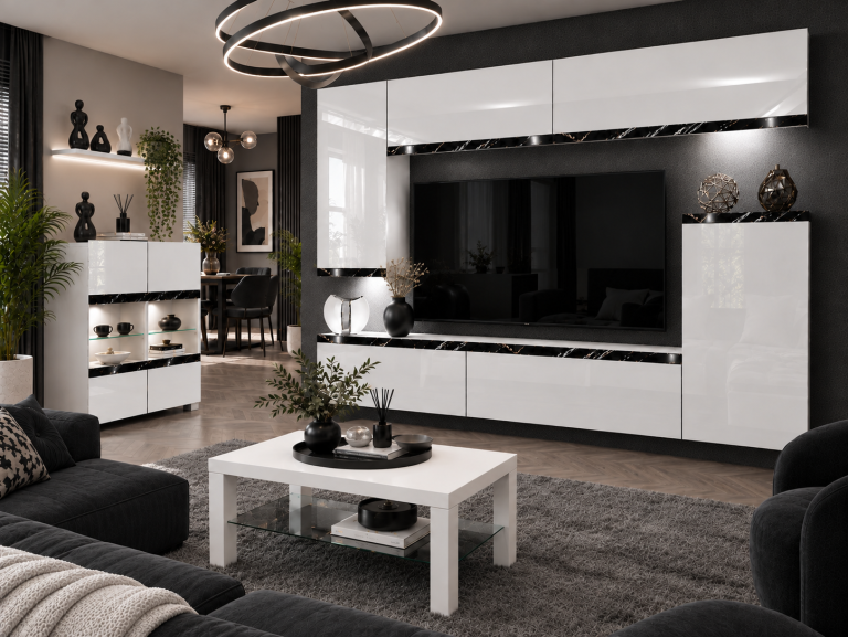 Parete attrezzata Prestige 250 cm TV/RTV bianca lucida Produttore IMP P Woody 8/5/W/W/0/0/CS