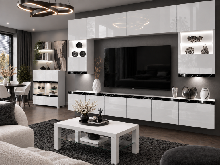 Parete attrezzata Prestige 300 cm TV/RTV bianca lucida Produttore IMP P1 Nolan 1/5/W/W/0/0/CS