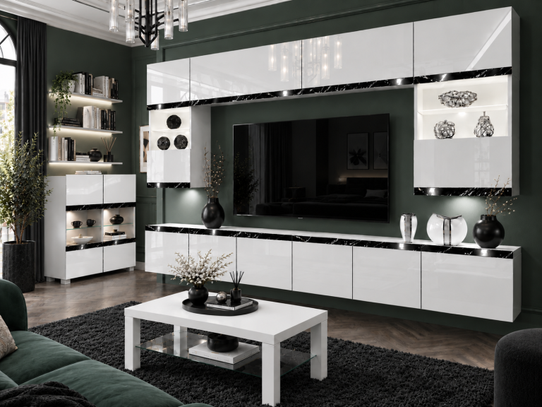 Parete attrezzata Prestige 300 cm TV/RTV bianca lucida Produttore IMP P2 Nolan 1/5/W/W/0/0/CS