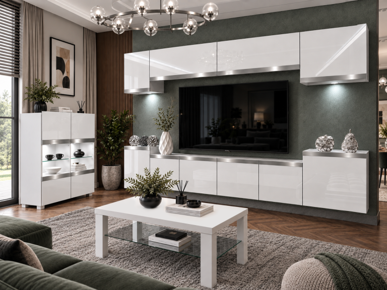 Parete attrezzata Prestige 300 cm TV/RTV bianca lucida Produttore IMP P Hepburn 4/5/W/W/0/0/SL