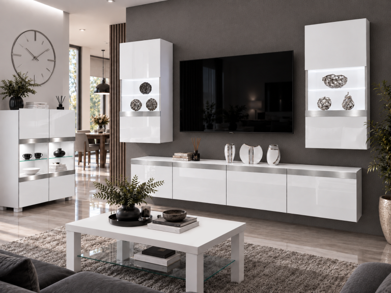 Parete attrezzata Prestige 200 cm TV/RTV bianca lucida Produttore IMP P Keanu 7/5/W/W/0/0/SL