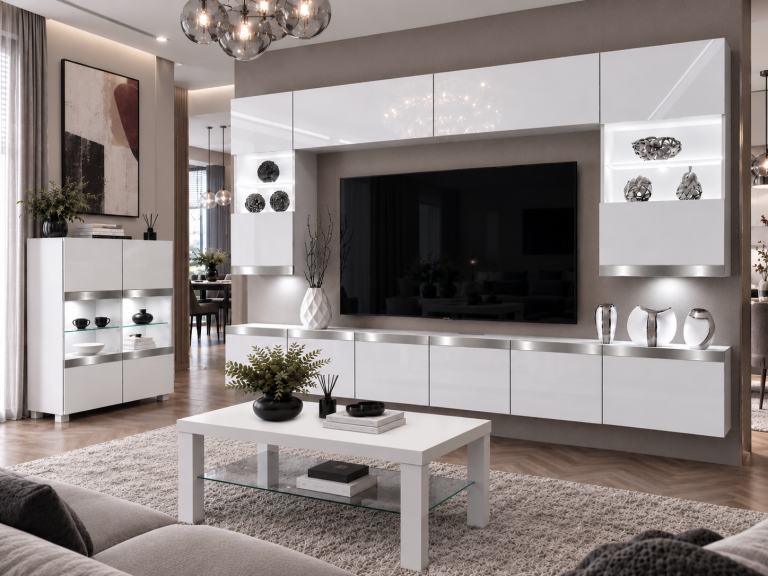Parete attrezzata Prestige 300 cm TV/RTV grigia lucida Produttore IMP P1 Nolan 1/5/W/S/0/0/SL
