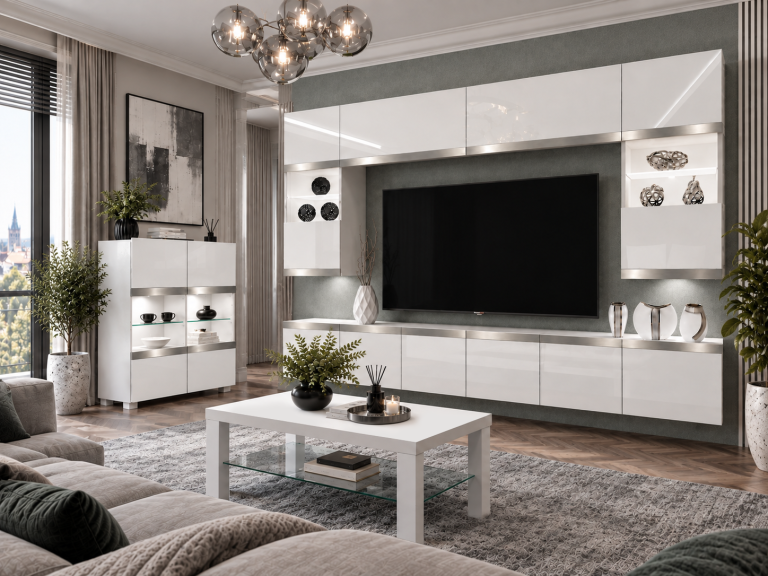 Parete attrezzata Prestige 300 cm TV/RTV bianca lucida Produttore IMP P2 Nolan 1/5/W/W/0/0/SL
