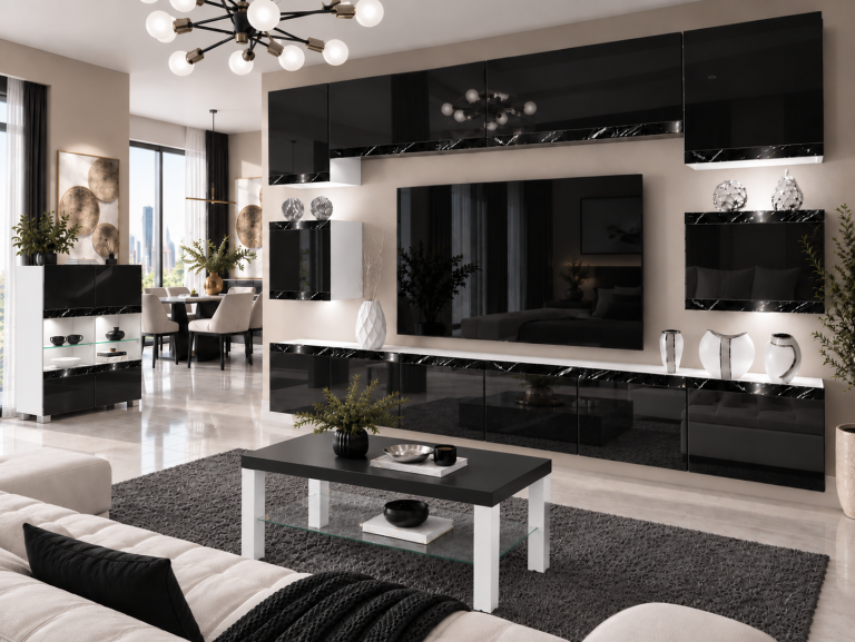 Parete attrezzata Prestige 300 cm TV/RTV nera lucida Produttore IMP P Tarantino 3/5/W/B/0/0/CS