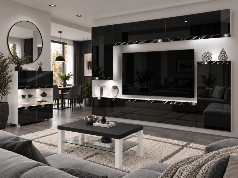 Parete attrezzata Prestige 250 cm TV/RTV nera lucida Produttore IMP P Woody 8/5/W/B/0/0/CS