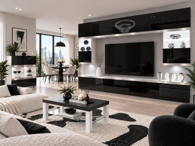 Parete attrezzata Prestige 300 cm TV/RTV nera lucida Produttore IMP P2 Nolan 1/5/W/B/0/0/SL
