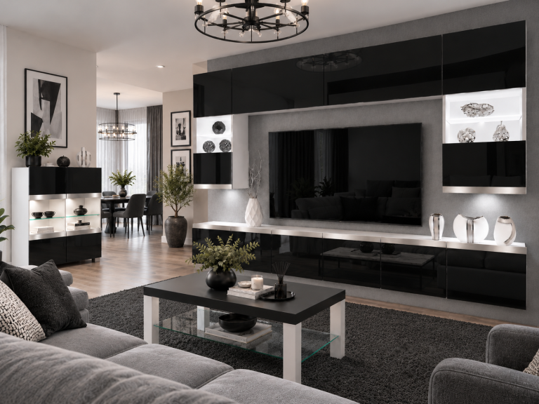 Parete attrezzata Prestige 300 cm TV/RTV nera lucida Produttore IMP P1 Nolan 1/5/W/B/0/0/SL