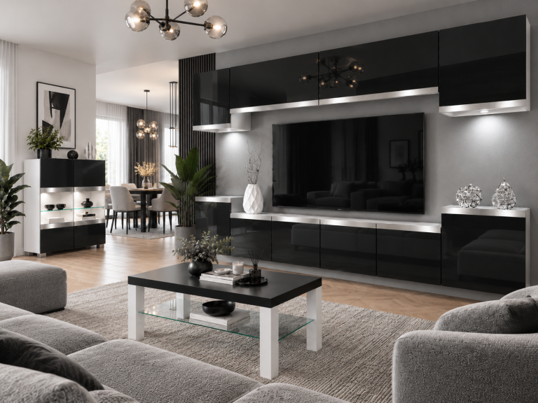 Parete attrezzata Prestige 300 cm TV/RTV nera lucida Produttore IMP P Hepburn 4/5/W/B/0/0/SL