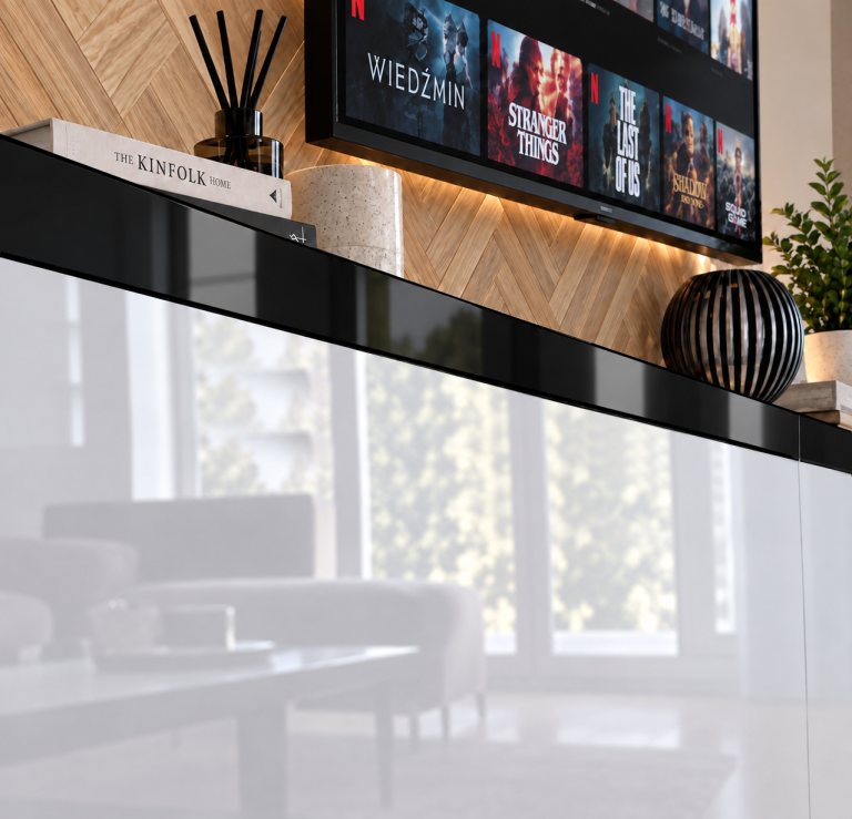 Parete attrezzata Prestige 300 cm TV/RTV nera ebano Produttore IMP P Monroe 2/5/W/HK/0/0/CP
