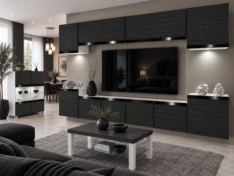 Parete attrezzata Prestige 300 cm TV/RTV nera ebano Produttore IMP P Hepburn 4/5/W/HK/0/0/CP