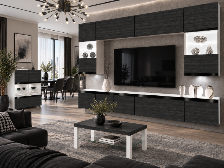 Parete attrezzata Prestige 300 cm TV/RTV nera ebano Produttore IMP P1 Nolan 1/5/W/HK/0/0/CP