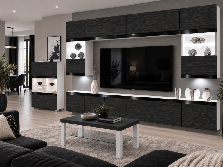 Parete attrezzata Prestige 300 cm TV/RTV nera ebano Produttore IMP P2 Nolan 1/5/W/HK/0/0/CP
