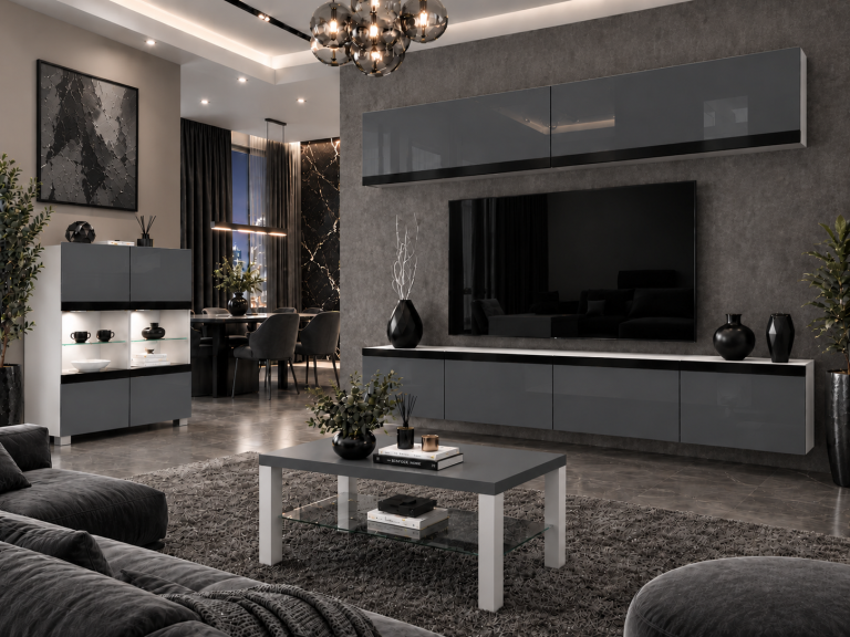 Parete attrezzata Prestige 200 cm TV/RTV grigia lucida Produttore IMP P Brando 6/5/W/S/0/0/CM