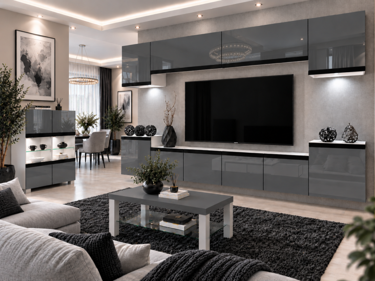 Parete attrezzata Prestige 300 cm TV/RTV grigia lucida Produttore IMP P Hepburn 4/5/W/S/0/0/CM