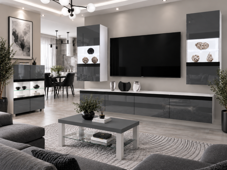 Parete attrezzata Prestige 200 cm TV/RTV grigia lucida Produttore IMP P Keanu 7/5/W/S/0/0/CM