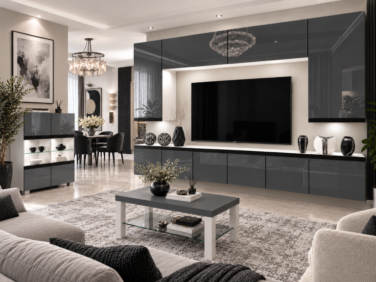 Parete attrezzata Prestige 300 cm TV/RTV grigia lucida Produttore IMP P Monroe 2/5/W/S/0/0/CM