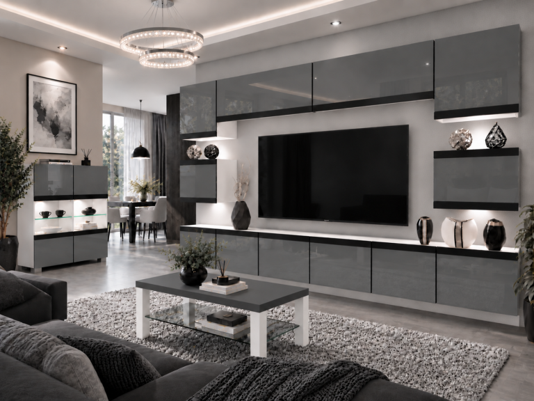 Parete attrezzata Prestige 300 cm TV/RTV grigia lucida Produttore IMP P Tarantino 3/5/W/S/0/0/CM