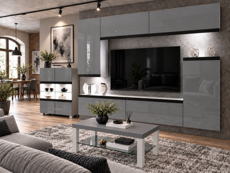 Parete attrezzata Prestige 250 cm TV/RTV grigia lucida Produttore IMP P Woody 8/5/W/S/0/0/CM