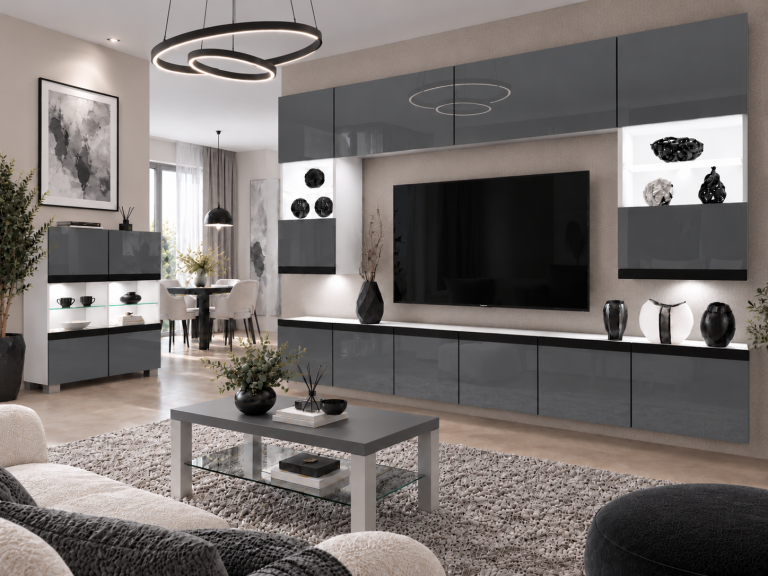Parete attrezzata Prestige 300 cm TV/RTV grigia lucida Produttore IMP P1 Nolan 1/5/W/S/0/0/CM