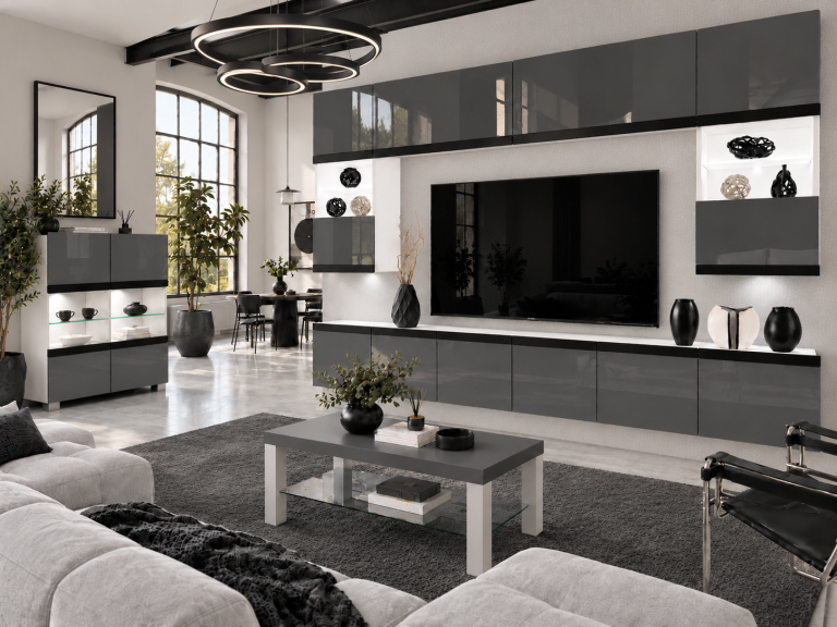 Parete attrezzata Prestige 300 cm TV/RTV grigia lucida Produttore IMP P2 Nolan 1/5/W/S/0/0/CM