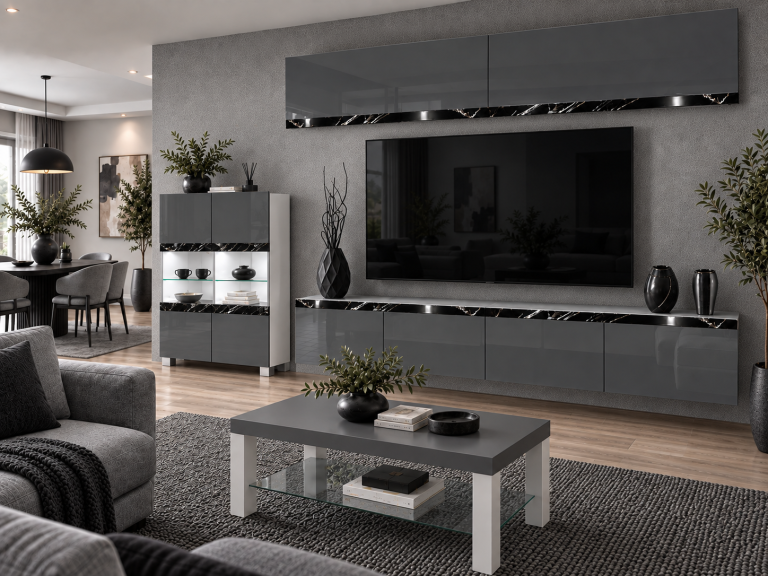Parete attrezzata Prestige 200 cm TV/RTV grigia lucida Produttore IMP P Brando 6/5/W/S/0/0/CS