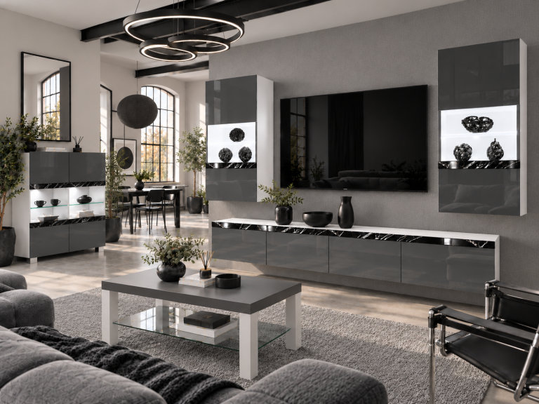 Parete attrezzata Prestige 200 cm TV/RTV grigia lucida Produttore IMP P Keanu 7/5/W/S/0/0/CS