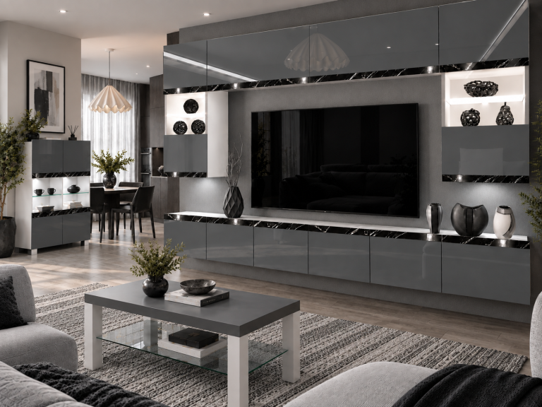 Parete attrezzata Prestige 300 cm TV/RTV grigia lucida Produttore IMP P2 Nolan 1/5/W/S/0/0/CS