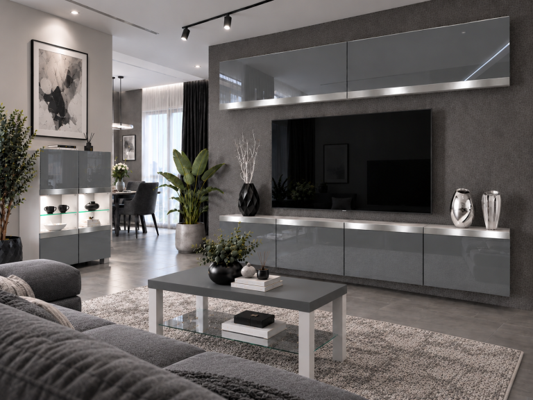 Parete attrezzata Prestige 200 cm TV/RTV grigia lucida Produttore IMP P Brando 6/5/W/S/0/0/SL