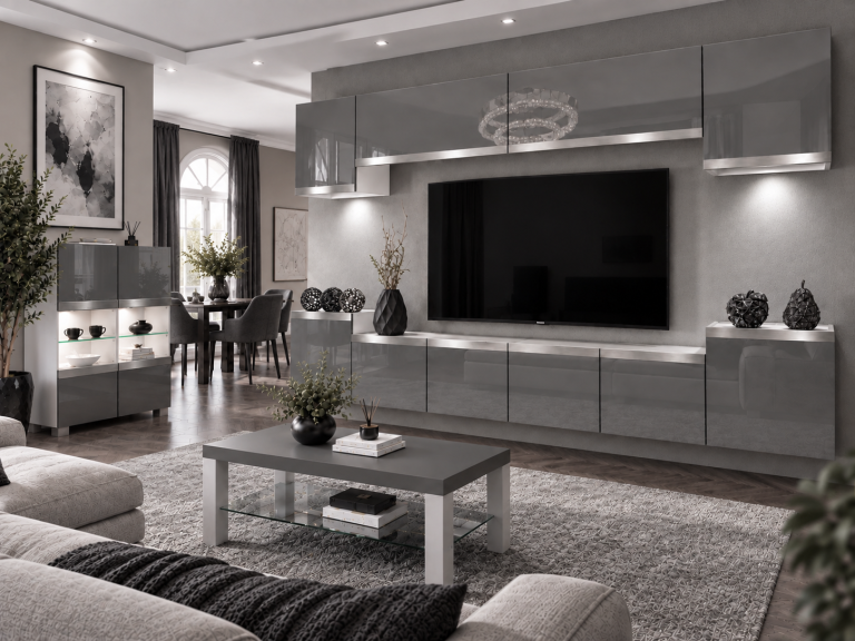 Parete attrezzata Prestige 300 cm TV/RTV grigia lucida Produttore IMP P Hepburn 4/5/W/S/0/0/SL