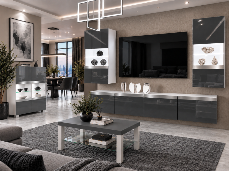 Parete attrezzata Prestige 200 cm TV/RTV grigia lucida Produttore IMP P Keanu 7/5/W/S/0/0/SL