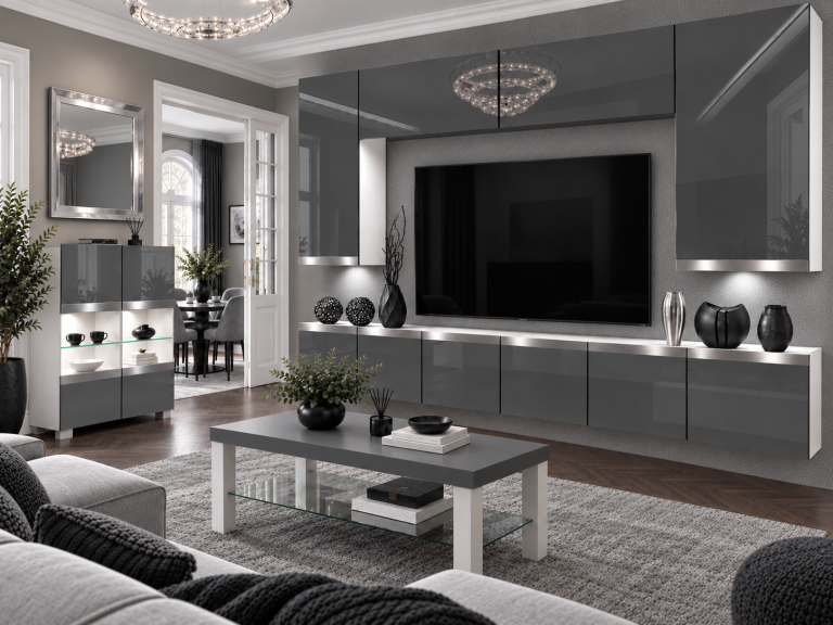 Parete attrezzata Prestige 300 cm TV/RTV grigia lucida Produttore IMP P Monroe 2/5/W/S/0/0/SL