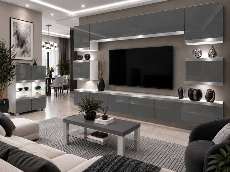 Parete attrezzata Prestige 300 cm TV/RTV grigia lucida Produttore IMP P Tarantino 3/5/W/S/0/0/SL