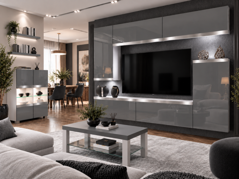 Parete attrezzata Prestige 250 cm TV/RTV grigia lucida Produttore IMP P Woody 8/5/W/S/0/0/SL