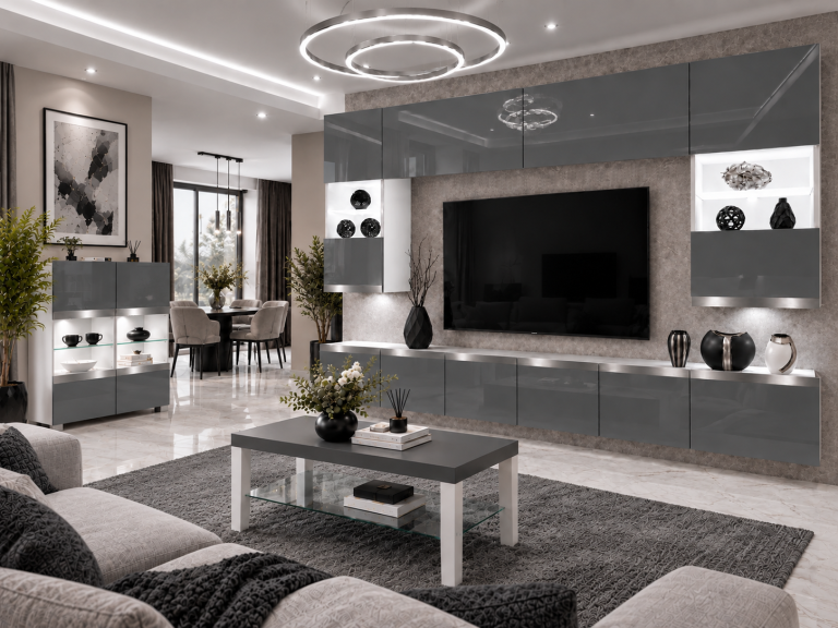 Parete attrezzata Prestige 300 cm TV/RTV grigia lucida Produttore IMP P2 Nolan 1/5/W/S/0/0/SL
