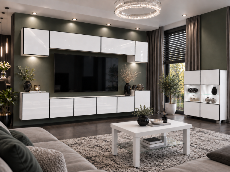 Parete attrezzata Linea 300 cm TV/RTV bianca lucida Produttore IMP L Hepburn 4/5/W/W/0/0