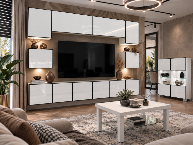 Parete attrezzata Linea 300 cm TV/RTV bianca lucida Produttore IMP L Tarantino 3/5/W/W/0/0