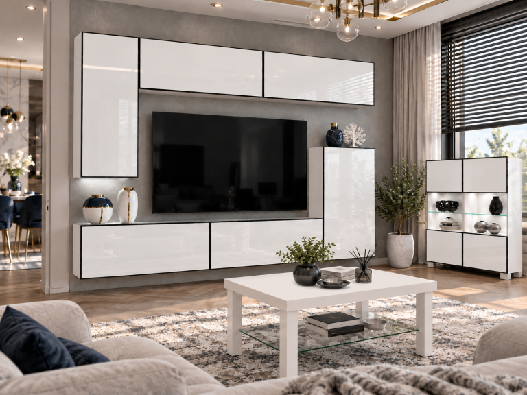 Parete attrezzata Linea 250 cm TV/RTV bianca lucida Produttore IMP L Woody 8/5/W/W/0/0