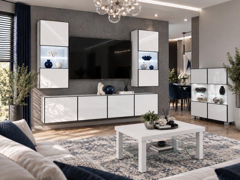 Parete attrezzata Linea 200 cm TV/RTV bianca lucida Produttore IMP L Keanu 7/5/W/W/0/0