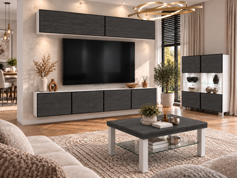 Parete attrezzata Linea 200 cm TV/RTV nera ebano Produttore IMP L Brando 6/5/W/HK/0/0