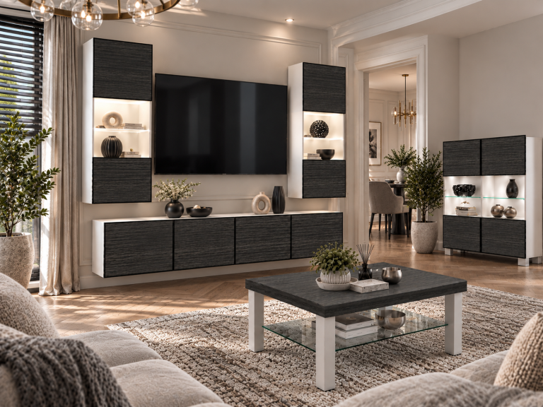 Parete attrezzata Linea 200 cm TV/RTV nera ebano Produttore IMP L Keanu 7/5/W/HK/0/0