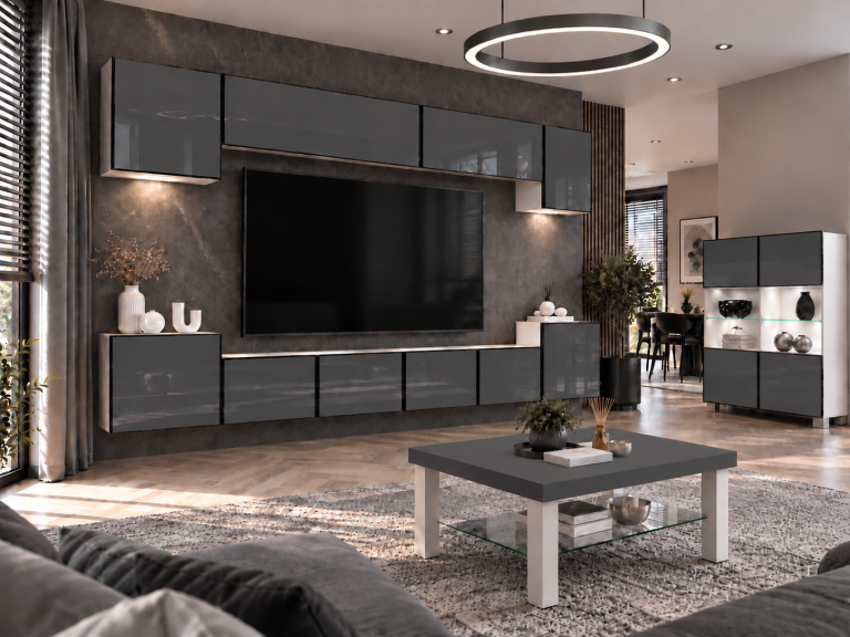 Parete attrezzata Linea 300 cm TV/RTV grigia lucida Produttore IMP L Hepburn 4/5/W/S/0/0