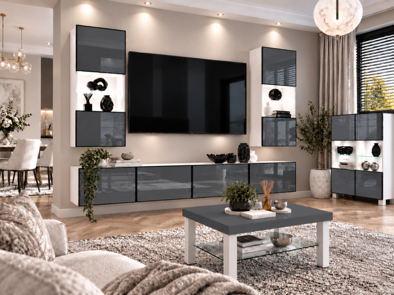 Parete attrezzata Linea 200 cm TV/RTV grigia lucida Produttore IMP L Keanu 7/5/W/S/0/0