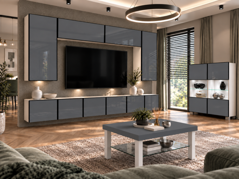 Parete attrezzata Linea 300 cm TV/RTV grigia lucida Produttore IMP L Monroe 2/5/W/S/0/0