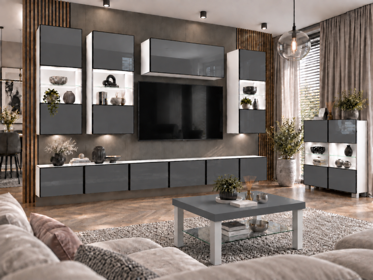 Parete attrezzata Linea 300 cm TV/RTV grigia lucida Produttore IMP L Pacino 5/5/W/S/0/0
